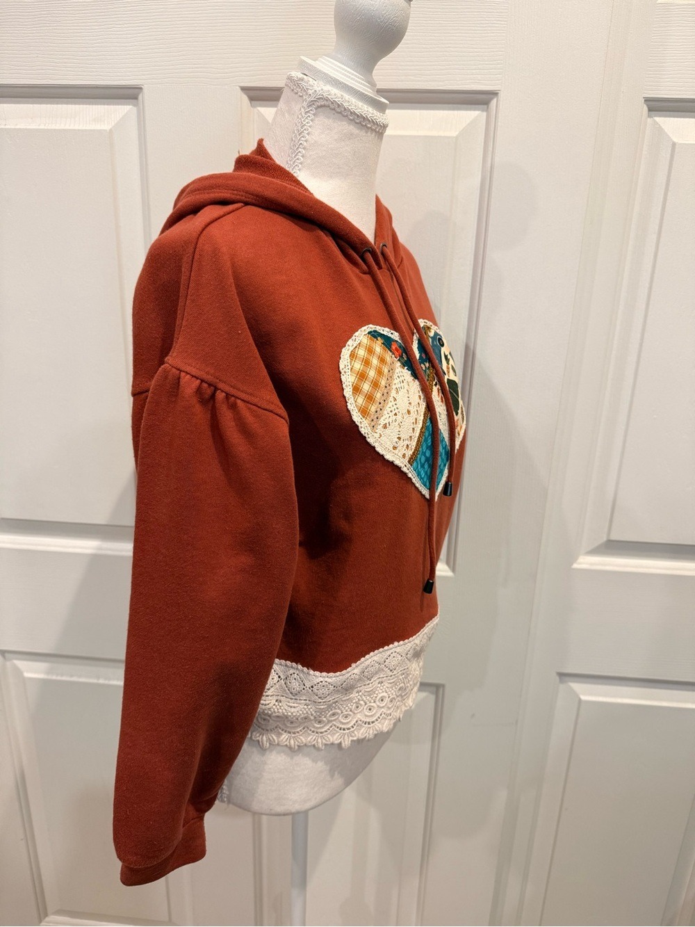 Upcycled Boho Patchwork Heart Crochet Hoodie Rust S OOAK - Picture 7 of 10